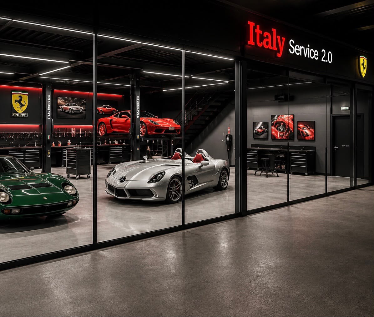Italy Service glass-front showroom at night